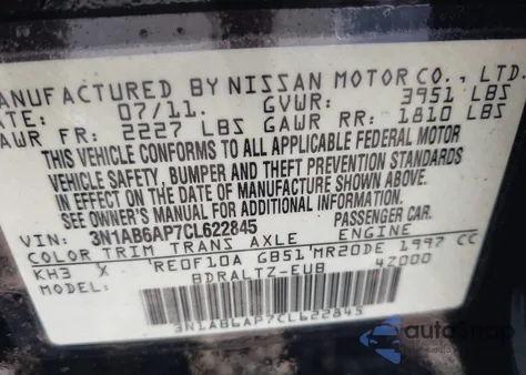 2012 Nissan Sentra 2.0 Sr z USA, uszkodzony, nr VIN 3N1AB6AP7CL622845